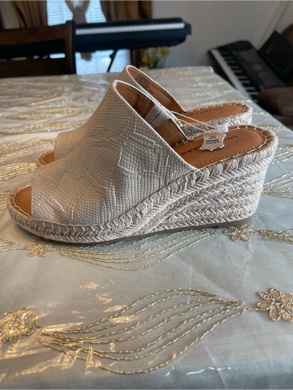 Lucky Brand Cream Textured Espadrille Wedge Slides genuine leather bone 8.5